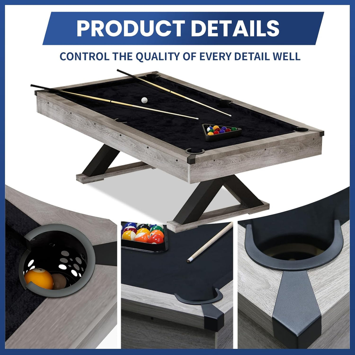 84" Rustic Grey Pool Table with X-Shaped Legs and Black Cloth â Includes Billiard Balls, Cues, and Accessories for Game Room & Home Entertainment (Grey Finish)