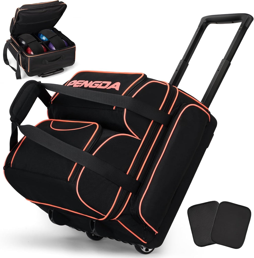 PENGDA 4 Ball Bowling Bag With Wheels, Integrated Single-Chamber 4-Ball System, 900D Reinforced Oxford Bowling Ball Bag, Telescopic Handle Roller Tote Storage Bag for Bowling Accessories and shoes