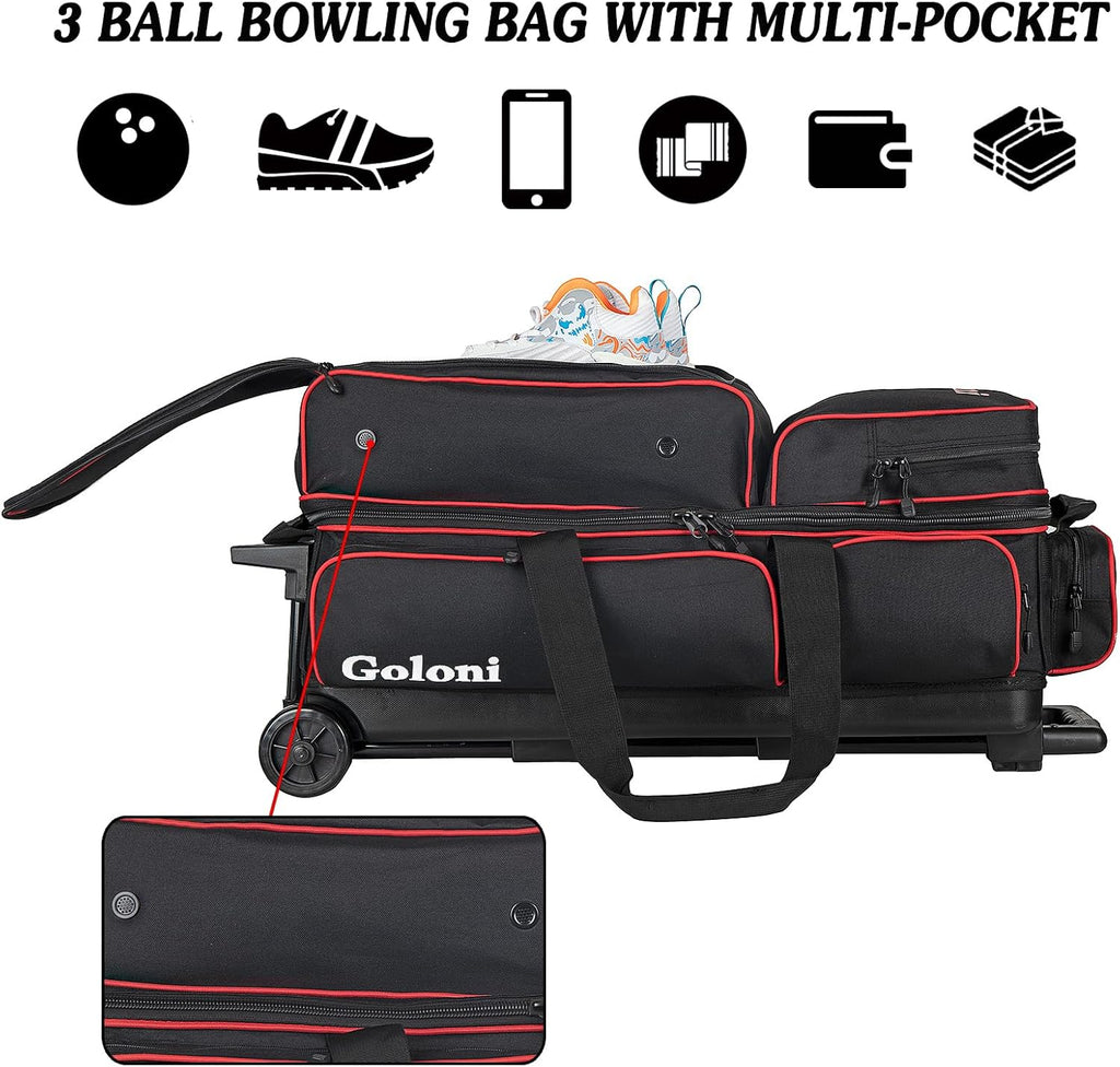 Goloni 3 Ball Bowling Bags with Wheels,Rolling Bowling Ball Bag for 3 Bowling Balls & Bowling Accessories -Retractable Handle Extends to 38"