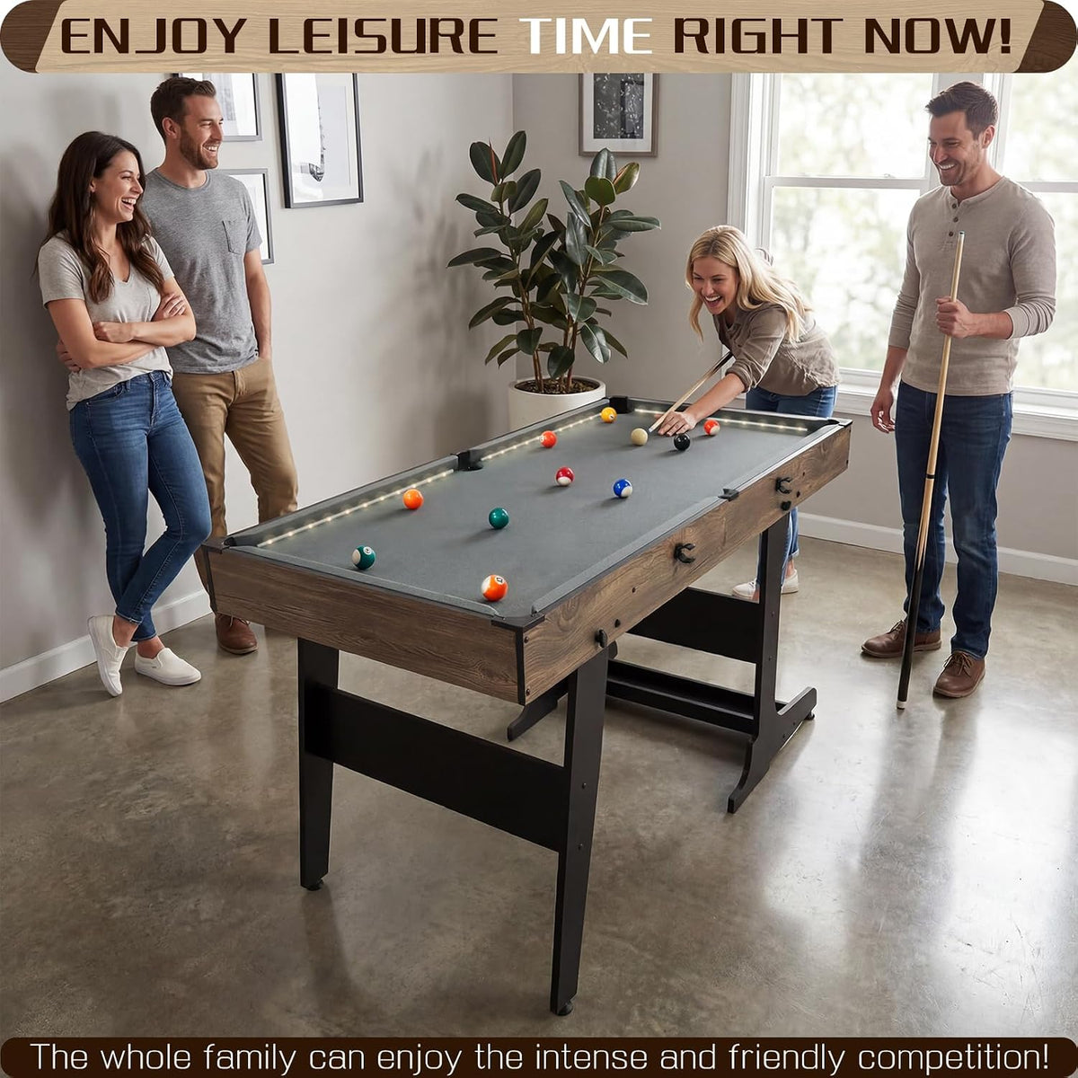 RAYKEEP 4.5FT Folding Pool Table with LED Lights, Portable Billiard Table with Built-in Cue & Ball Storage, Indoor Compact Game Table for Adults & Kids Home, Game Room, Includes Full Accessories