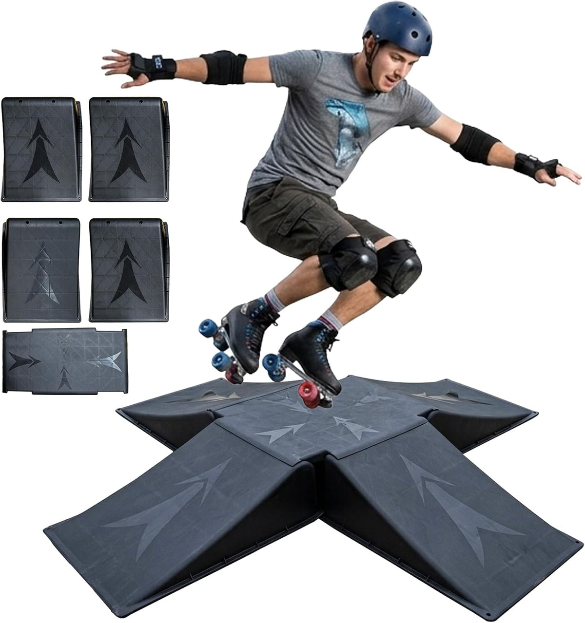 4+1 Mini Skate Ramp Set, Detachable 5-Piece Black PP Modular Ramp Kit with Large Center Plate, 220 lb Capacity, Portable Space-Saving Setup for Skateboard, Scooter, BMX and RC Play