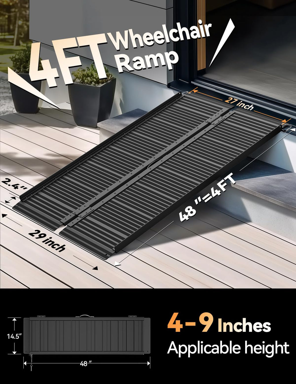 FACHNUO Black Aluminum 3FT Wheelchair Ramp, All-Weather Use, Easy to Clean
