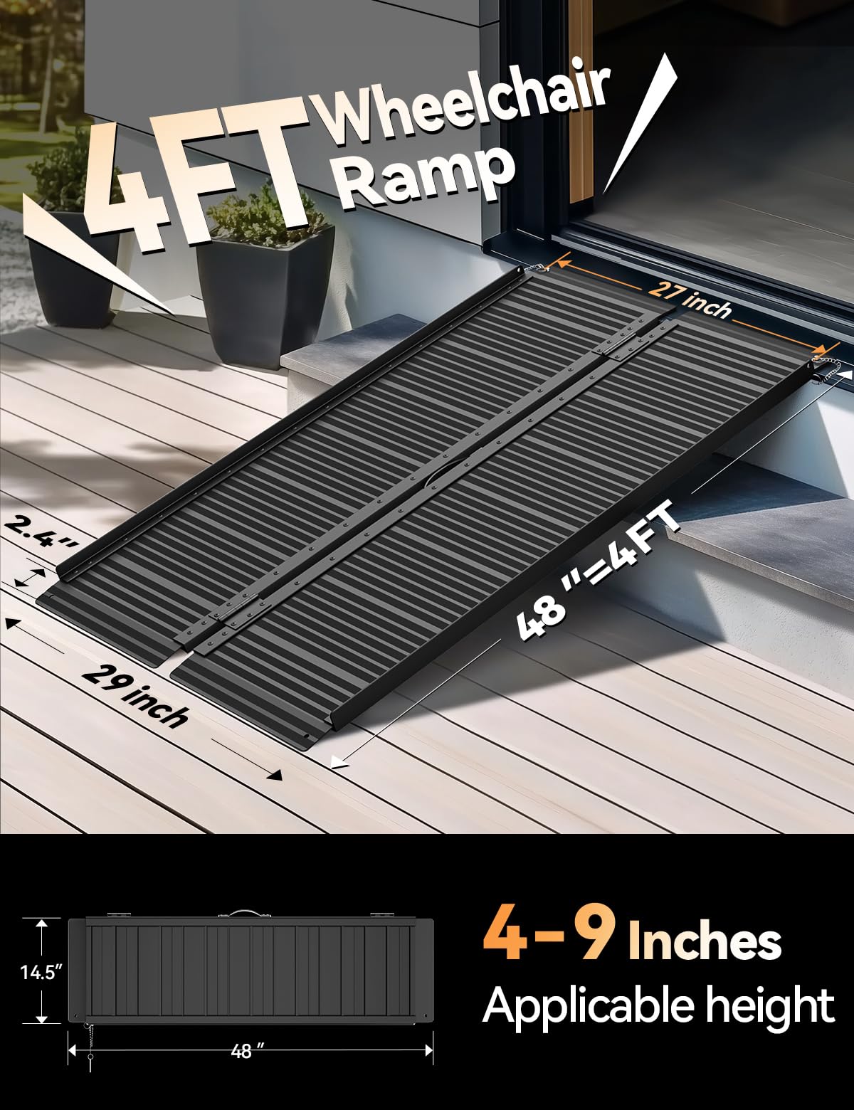 FACHNUO Black Aluminum 3FT Wheelchair Ramp, All-Weather Use, Easy to Clean
