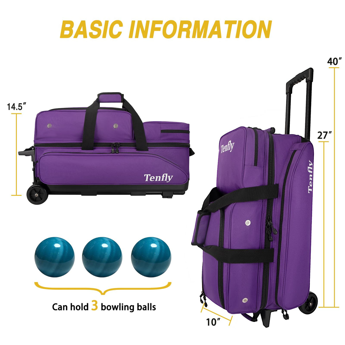Triple Roller Bowling Bag with Wheels, Heavy Duty 3 Ball Bag for League & Recreational Bowlers
