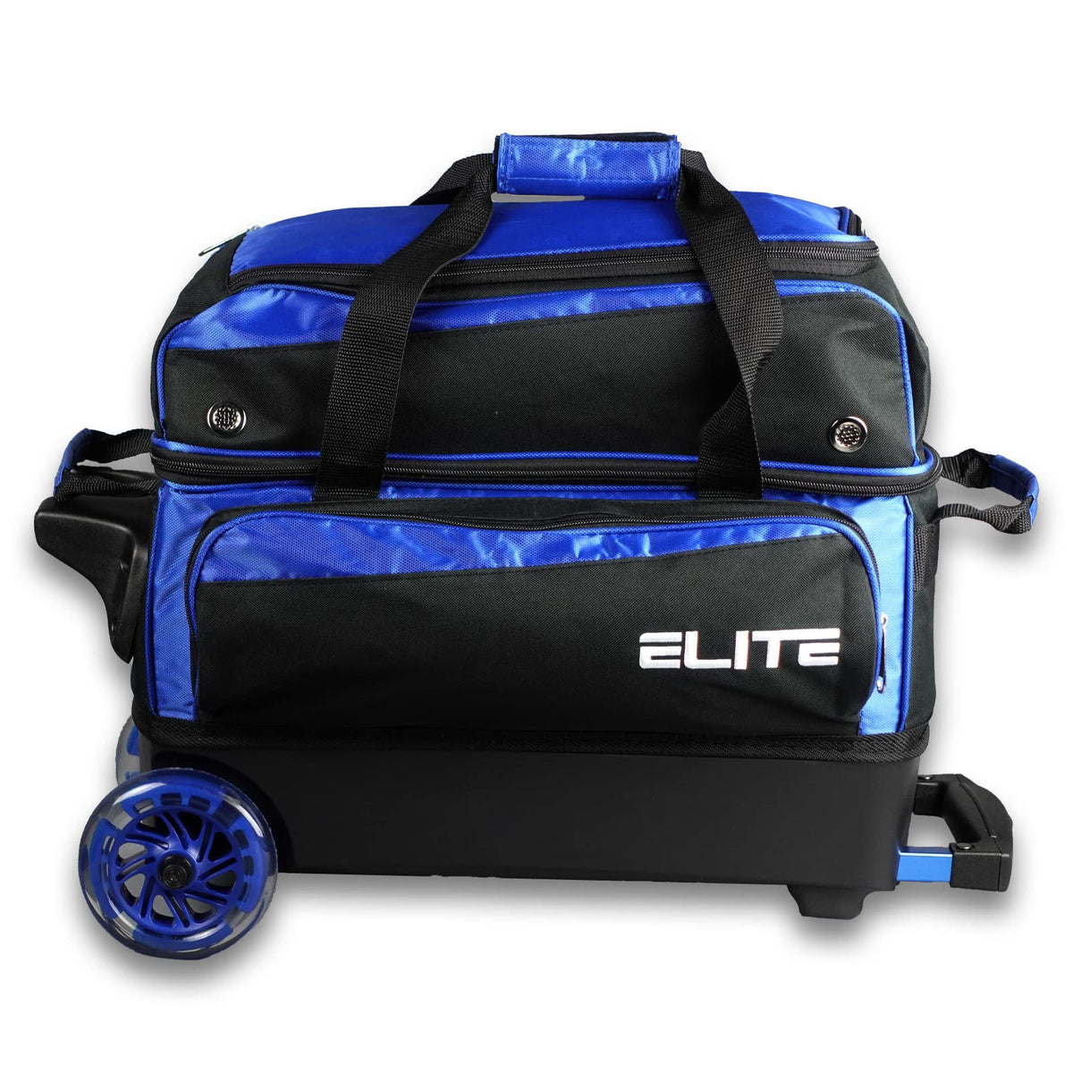 ELITE Deluxe 2 Ball Bowling Bag with 5" Smooth Wheels - Large Accessory Pocket, Shoe Compartment, 36" Extendable Handle