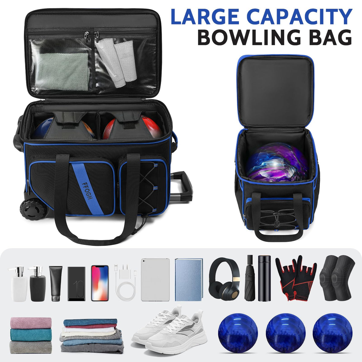 3-4 Ball Bowling Bag with Wheels, Bowling Roller with Add-on Tote Set