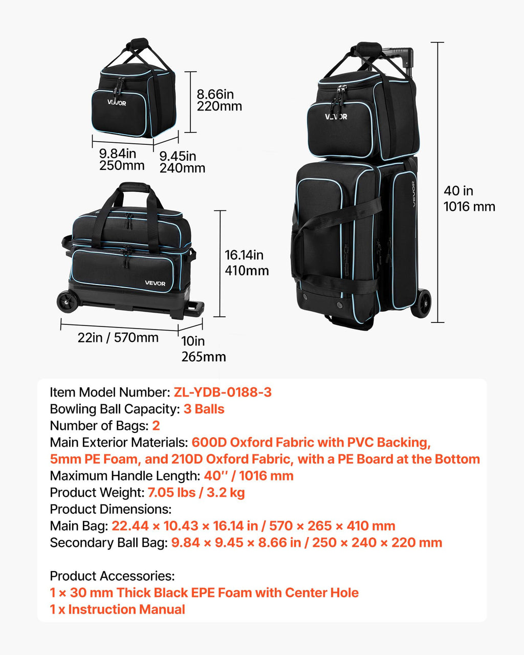 VEVOR 3 Ball Bowling Bag Double Roller Bag with Separate Shoe Compartment