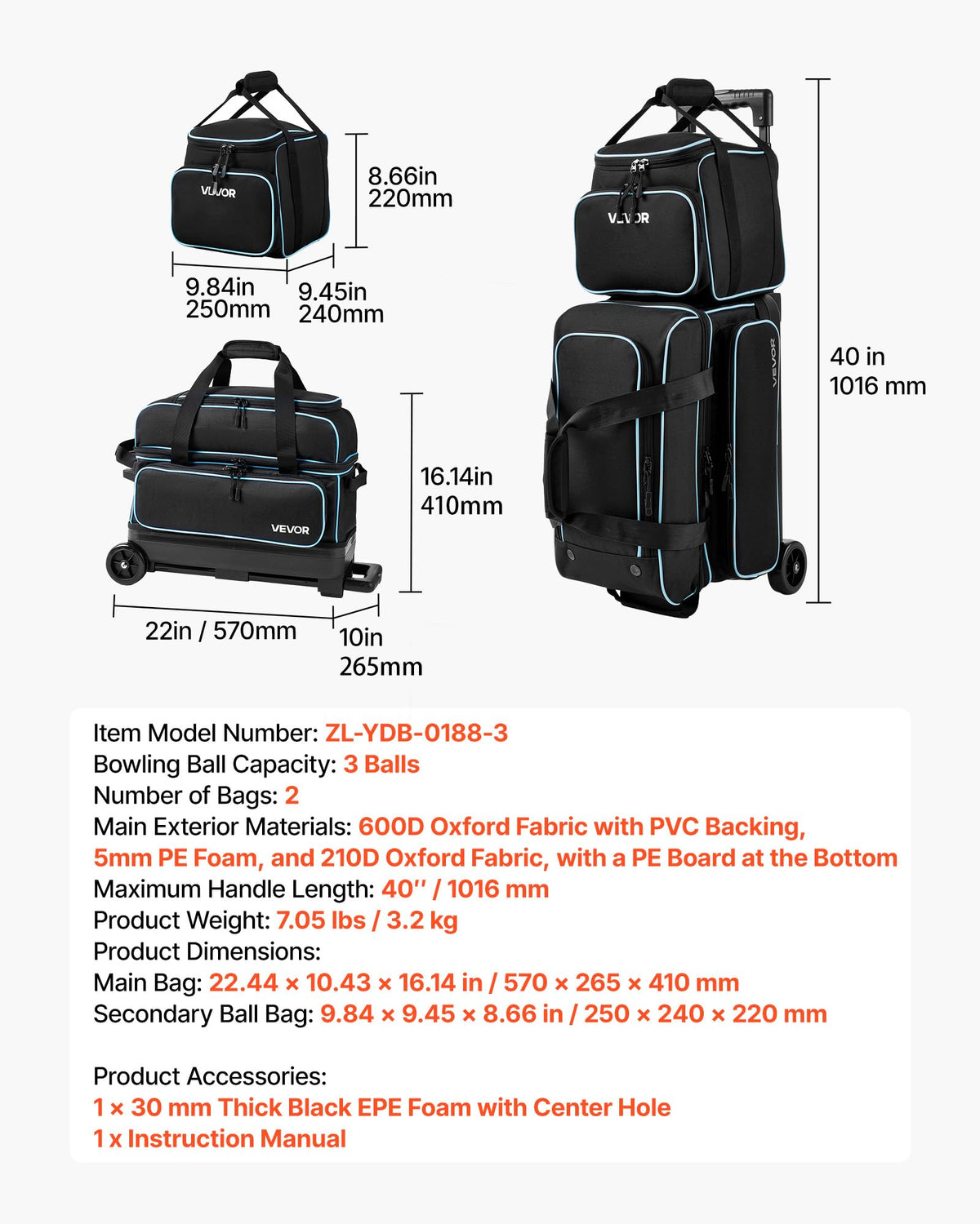 VEVOR 3 Ball Bowling Bag Double Roller Bag with Separate Shoe Compartment
