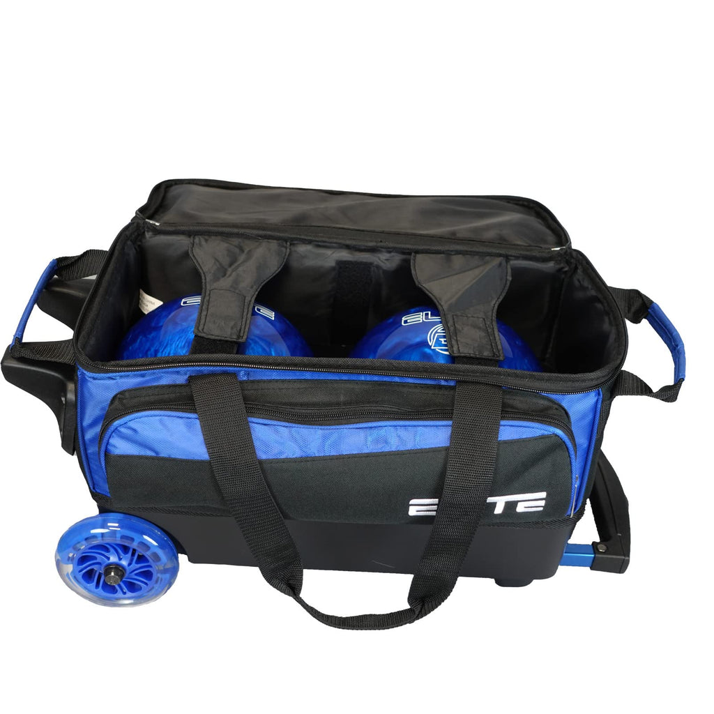 ELITE Deluxe 2 Ball Bowling Bag with 5" Smooth Wheels - Large Accessory Pocket, Shoe Compartment, 36" Extendable Handle