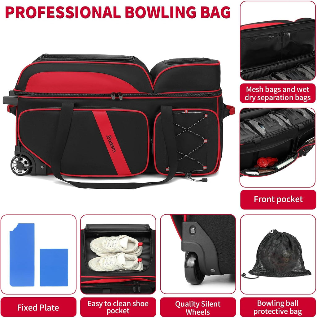BOSSTIN 3 Ball Bowling Bags with Wheels, Secure Adhesive Fixed Ball Cup & Shoe Compartment, Bowling Ball Bag 3 Ball Roller with Multi-Pockets