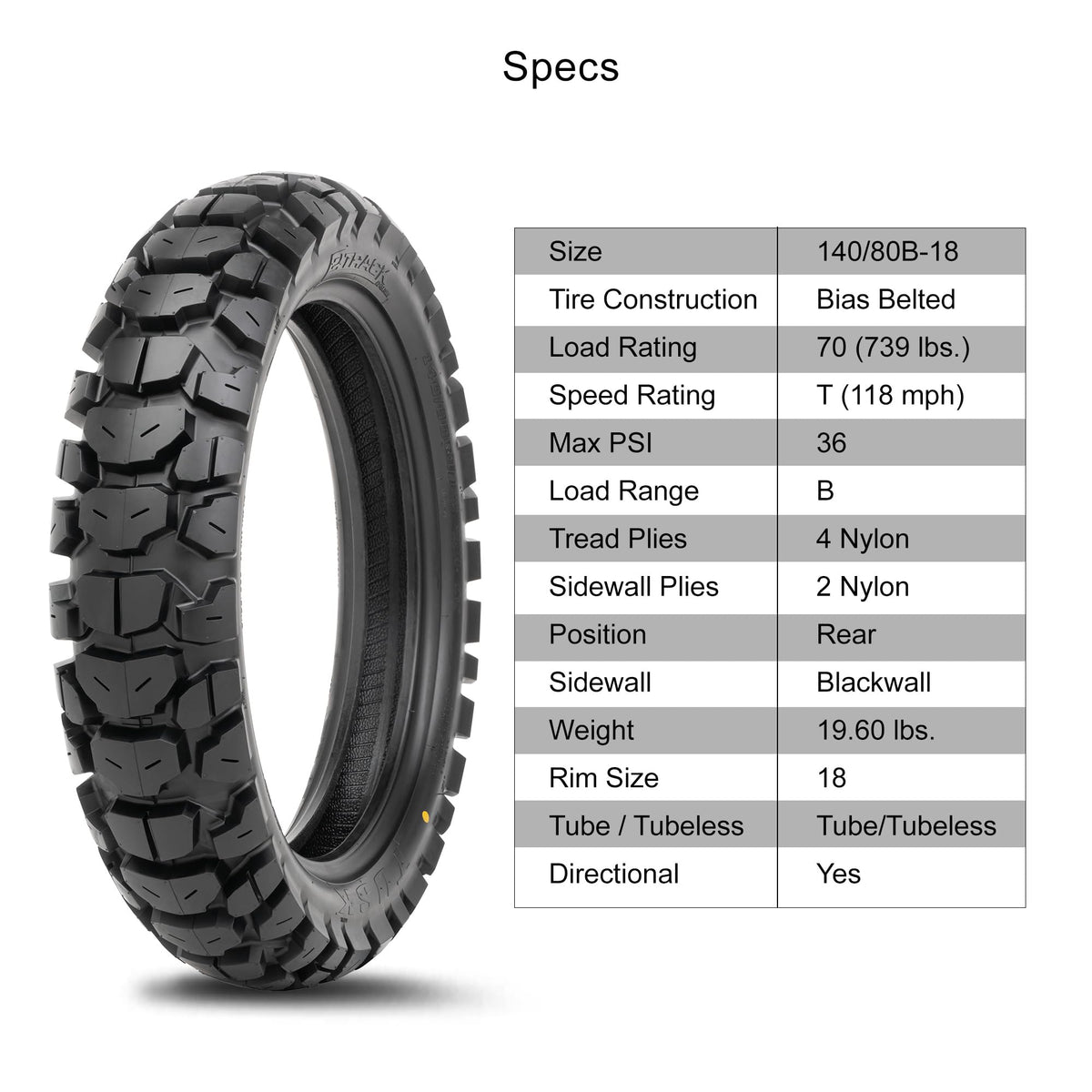 Tusk 2Track Adventure Tire Rear 150/70B-18 (70T) â Dual-Sport Motorcycle Tire, Directional Knobby Tread, Durable Bias Construction, DOT Compliant