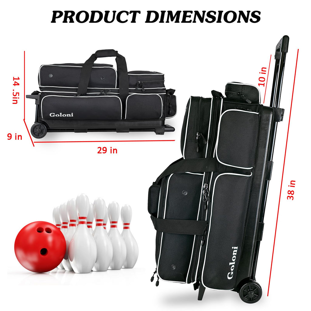 Goloni 3 Ball Bowling Bags with Wheels,Rolling Bowling Ball Bag for 3 Bowling Balls & Bowling Accessories -Retractable Handle Extends to 38"