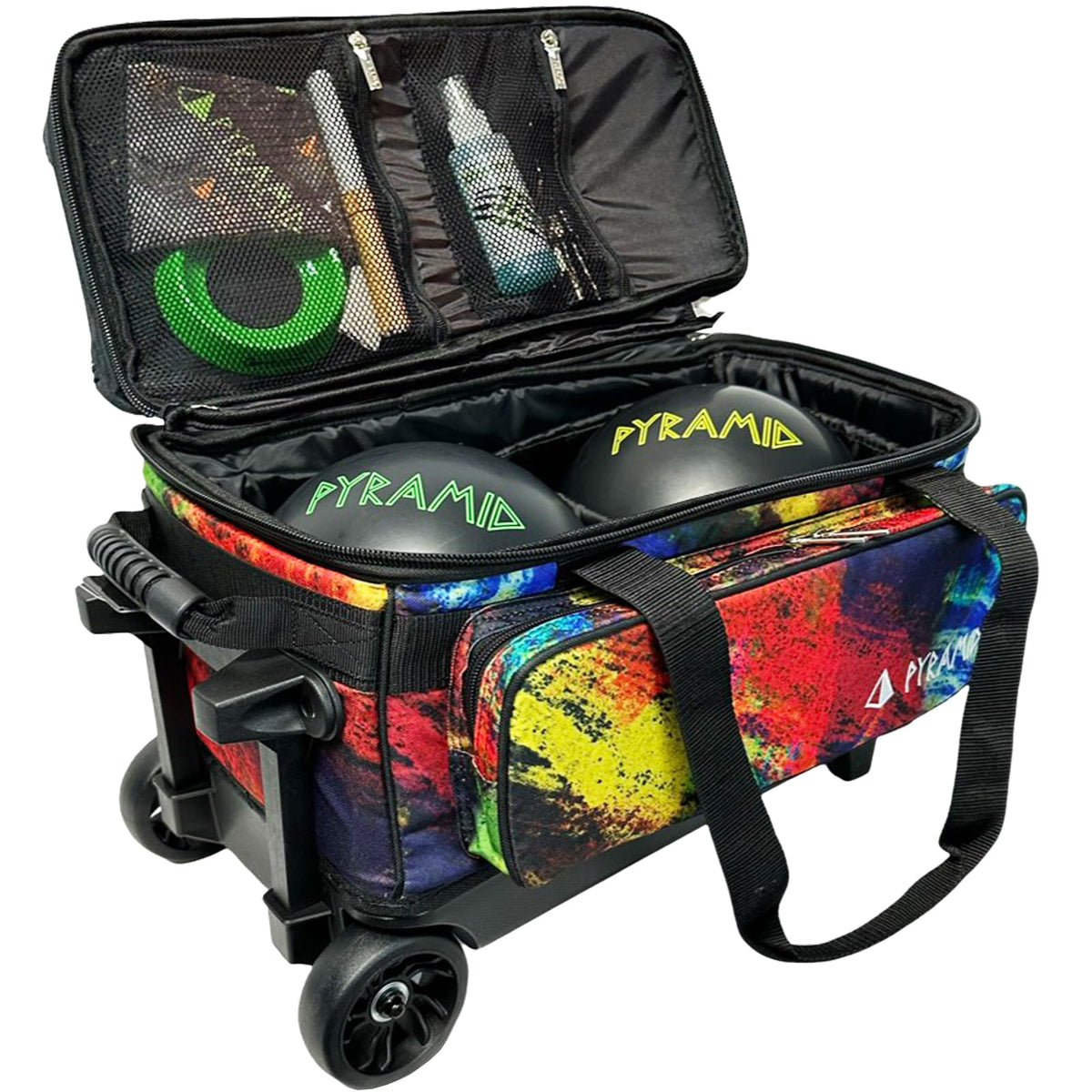 Pyramid Deluxe Double Roller 2 Ball Bowling Bag with Large Separate Shoe Compartment (Up To 2 Pairs Of Shoes) and Accessory Pockets, Sturdy Square Handle - Extends to 40" - Pro Options Available