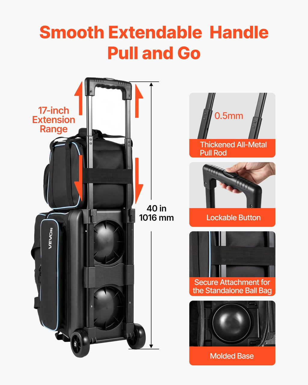 VEVOR 3 Ball Bowling Bag Double Roller Bag with Separate Shoe Compartment
