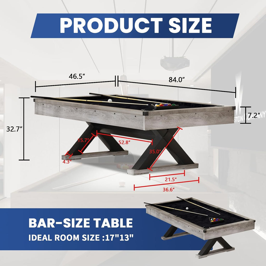 84" Pool Table with Rustic Grey Finish, X-Shaped Legs, Black Cloth, Billiard Balls, Cues, & AccessoriesâBilliard Table for Adults, Game Room & Home Entertainment (Grey)