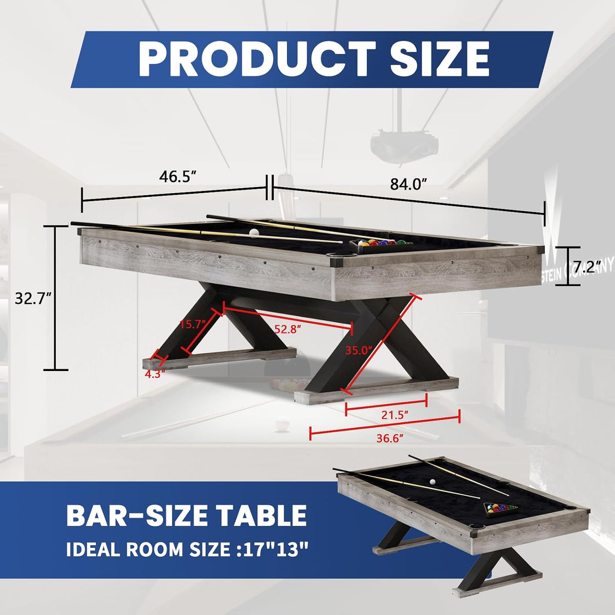84" Pool Table with Rustic Grey Finish, X-Shaped Legs, Black Cloth, Billiard Balls, Cues, & AccessoriesâBilliard Table for Adults, Game Room & Home Entertainment (Grey)