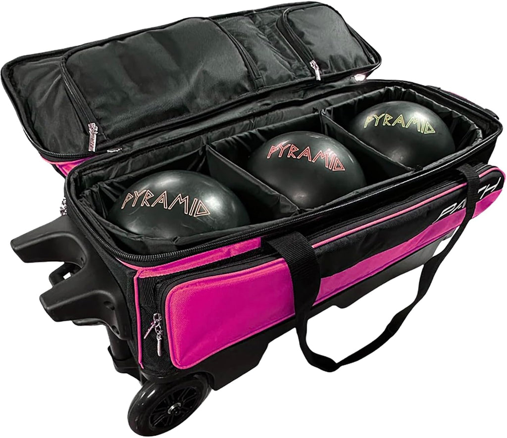 Pyramid Path Triple Premium Deluxe Roller Bowling Bag With Extra Large Separate Shoe Compartment (Up To US Mens Size 16) and 5 Accessory Pockets, 5" Wheels, Retractable Locking Handle - Extends to 42"