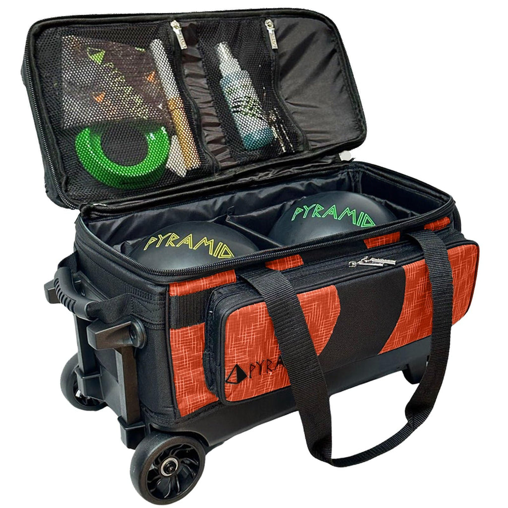 Pyramid Deluxe Double Roller 2 Ball Bowling Bag with Large Separate Shoe Compartment (Up To 2 Pairs Of Shoes) and Accessory Pockets, Sturdy Square Handle - Extends to 40" - Pro Options Available