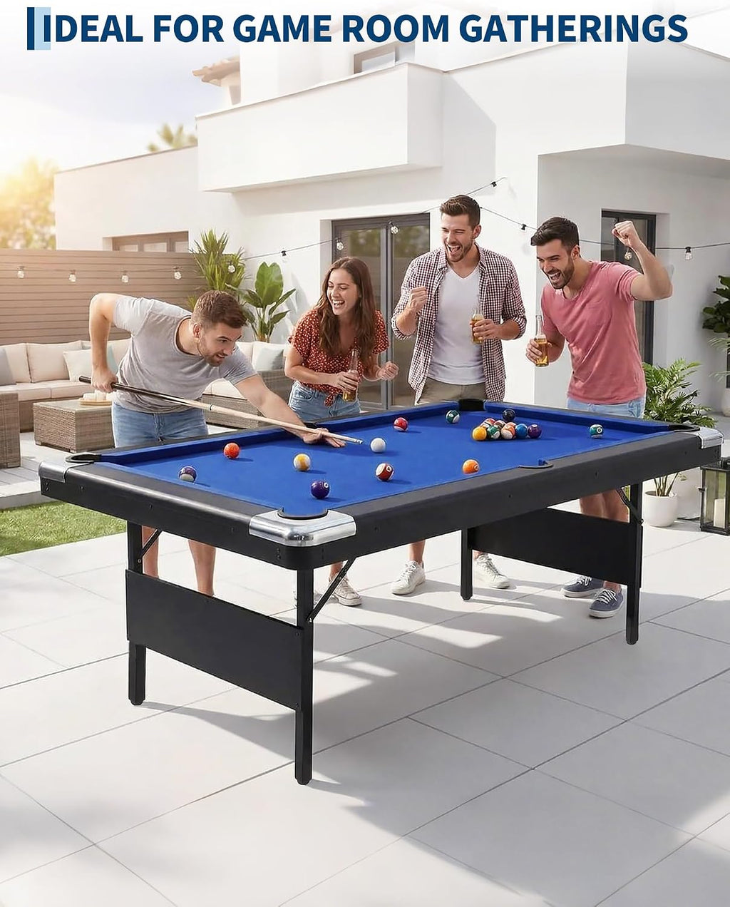 7 Foot Pool Table for Family, Foldable No Assembly Pool Table with Balls, Cues, Chalk, Rack & Brush, Portable Billiards Game Table for Apartment, Basement, Office & Game Room