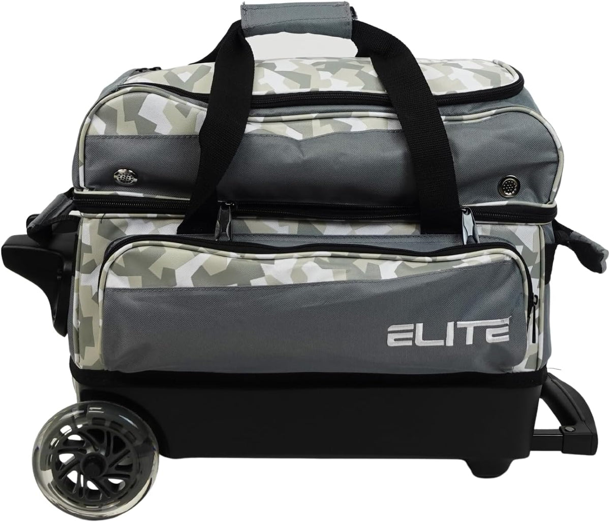 ELITE Deluxe 2 Ball Bowling Bag with 5" Smooth Wheels - Large Accessory Pocket, Shoe Compartment, 36" Extendable Handle