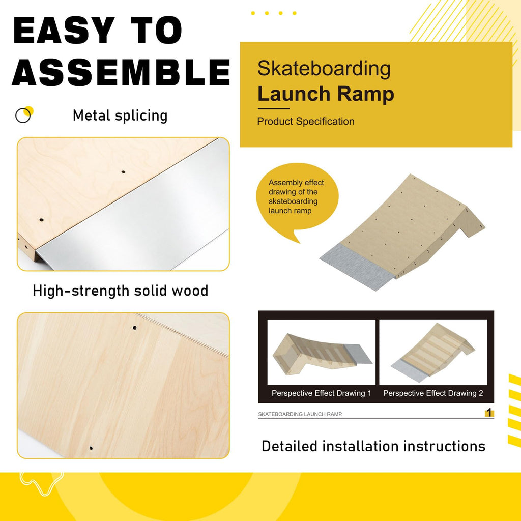 AceOrbit Quarter Pipe Skate Ramp, Beginners Wood Skateboard Bike Ramp for Home Professional Use, Gifts for Skateboarders, Works with BMX, Scooters & Inline Skates