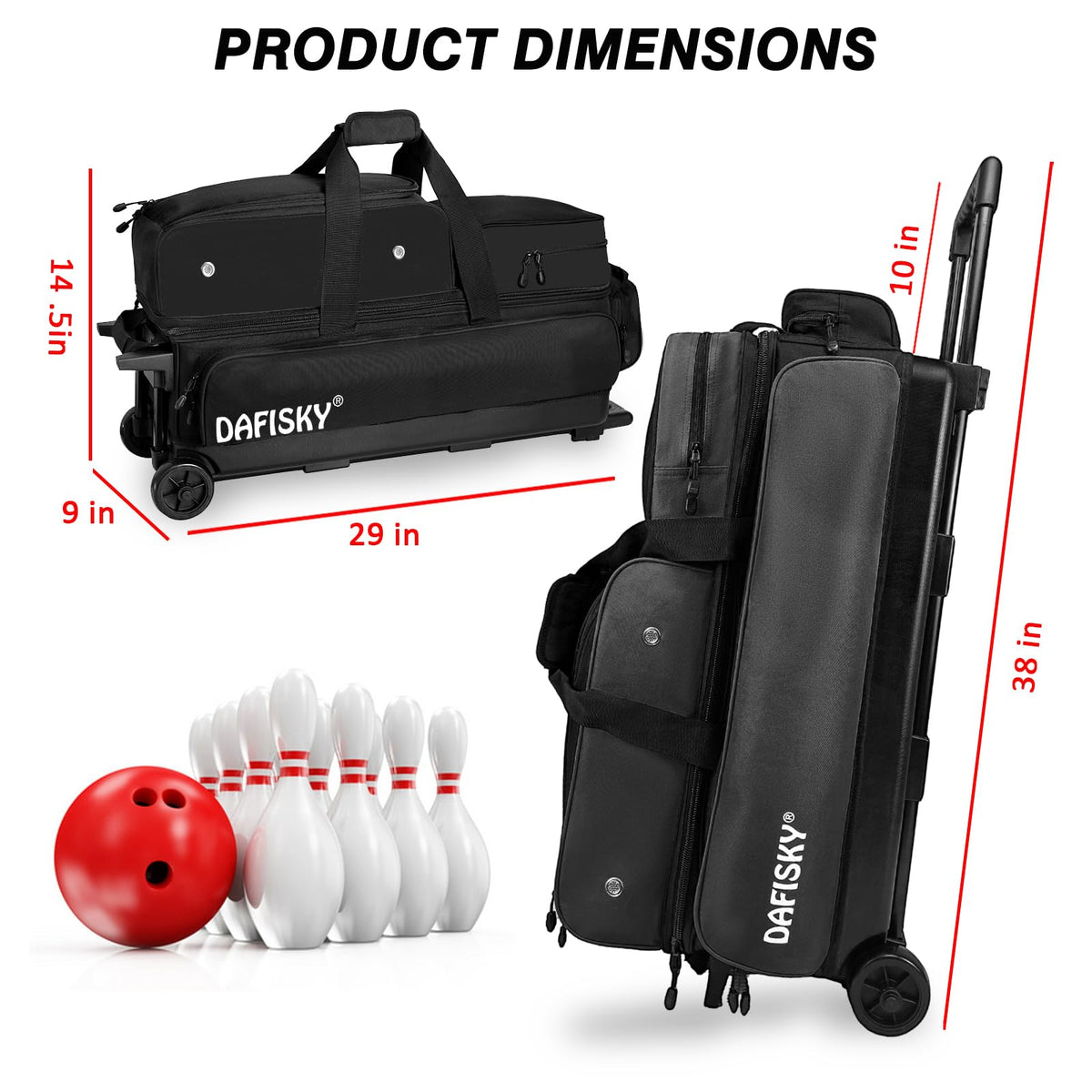 DAFISKY 3 Ball Bowling Bags, Roller Bowling Bag with Retractable Handle
