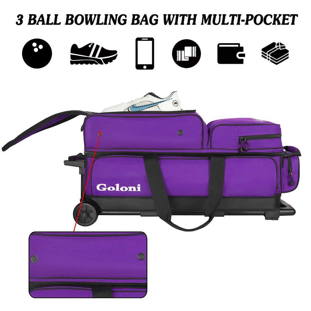 Goloni 3 Ball Bowling Bags with Wheels,Rolling Bowling Ball Bag for 3 Bowling Balls & Bowling Accessories -Retractable Handle Extends to 38"