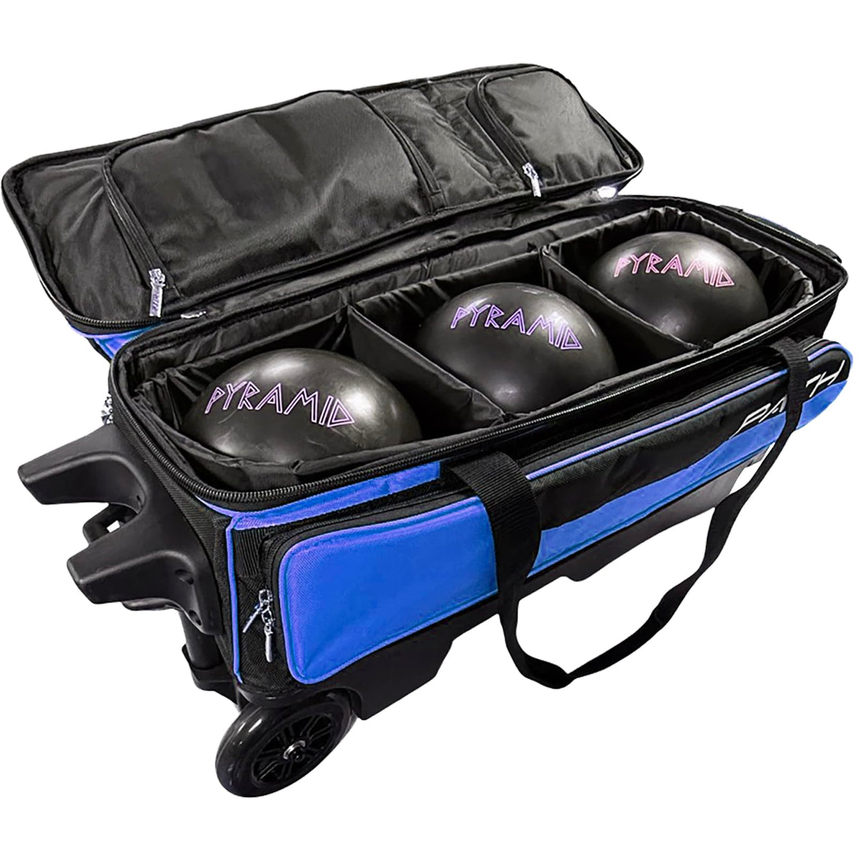 Pyramid Path Triple Premium Deluxe Roller Bowling Bag With Extra Large Separate Shoe Compartment (Up To US Mens Size 16) and 5 Accessory Pockets, 5" Wheels, Retractable Locking Handle - Extends to 42"