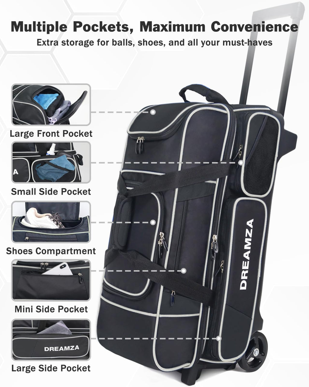 Premium 3 Ball Roller Bowling Bag with Wheels, Large Shoes Pocket