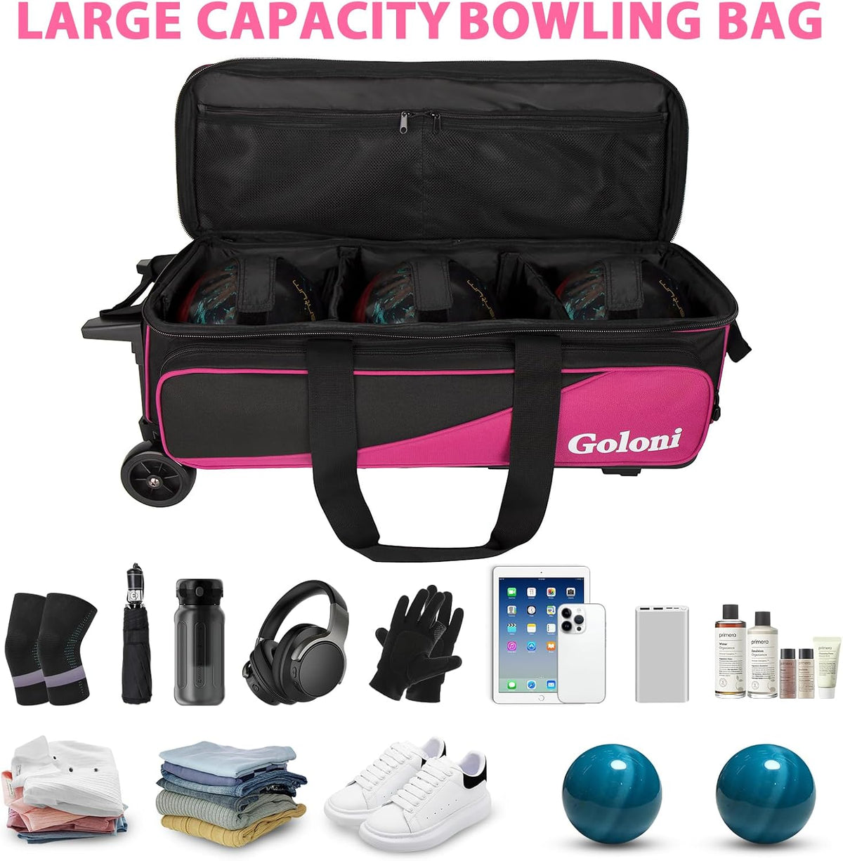 Goloni 3 Ball Bowling Bag with Wheels, Rolling Bowling Roller Bag with Retractable Handle for Balls & Bowling Accessories