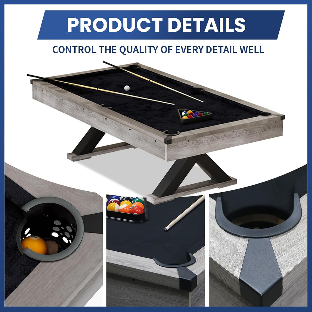 84" Pool Table with Rustic Grey Finish, X-Shaped Legs, Black Cloth, Billiard Balls, Cues, & AccessoriesâBilliard Table for Adults, Game Room & Home Entertainment (Grey)