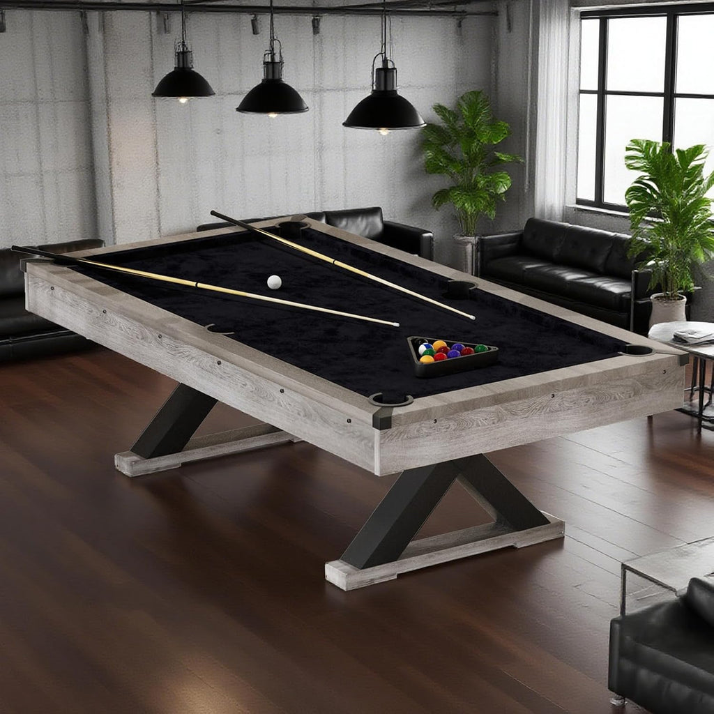 84" Pool Table with Rustic Grey Finish, X-Shaped Legs, Black Cloth, Billiard Balls, Cues, & AccessoriesâBilliard Table for Adults, Game Room & Home Entertainment (Grey)