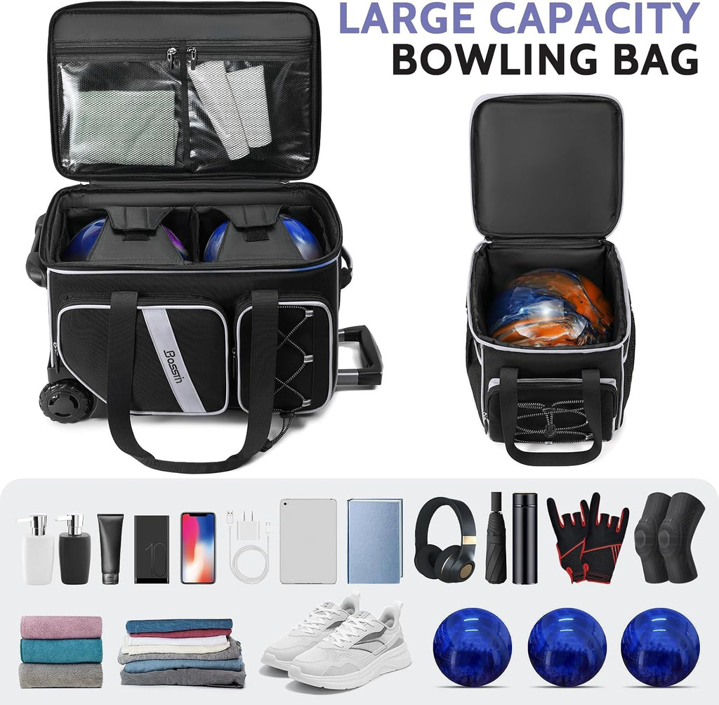BOSSTIN 3 Ball Bowling Bag with Wheels, 2 Ball Roller with Add-on Tote