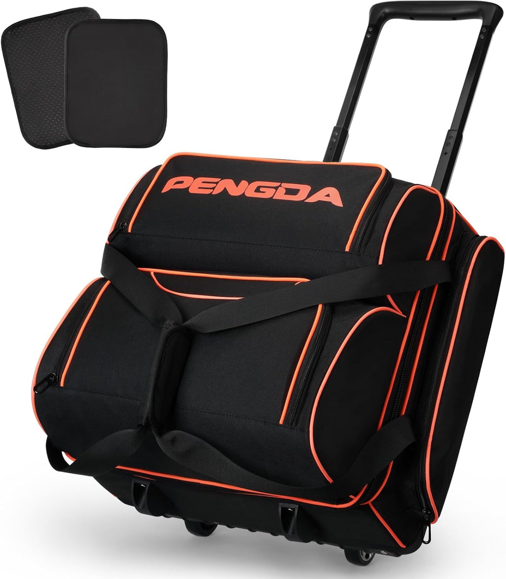 PENGDA 4 Ball Bowling Bag With Wheels, Integrated Single-Chamber 4-Ball System, 900D Reinforced Oxford Bowling Ball Bag, Telescopic Handle Roller Tote Storage Bag for Bowling Accessories and shoes