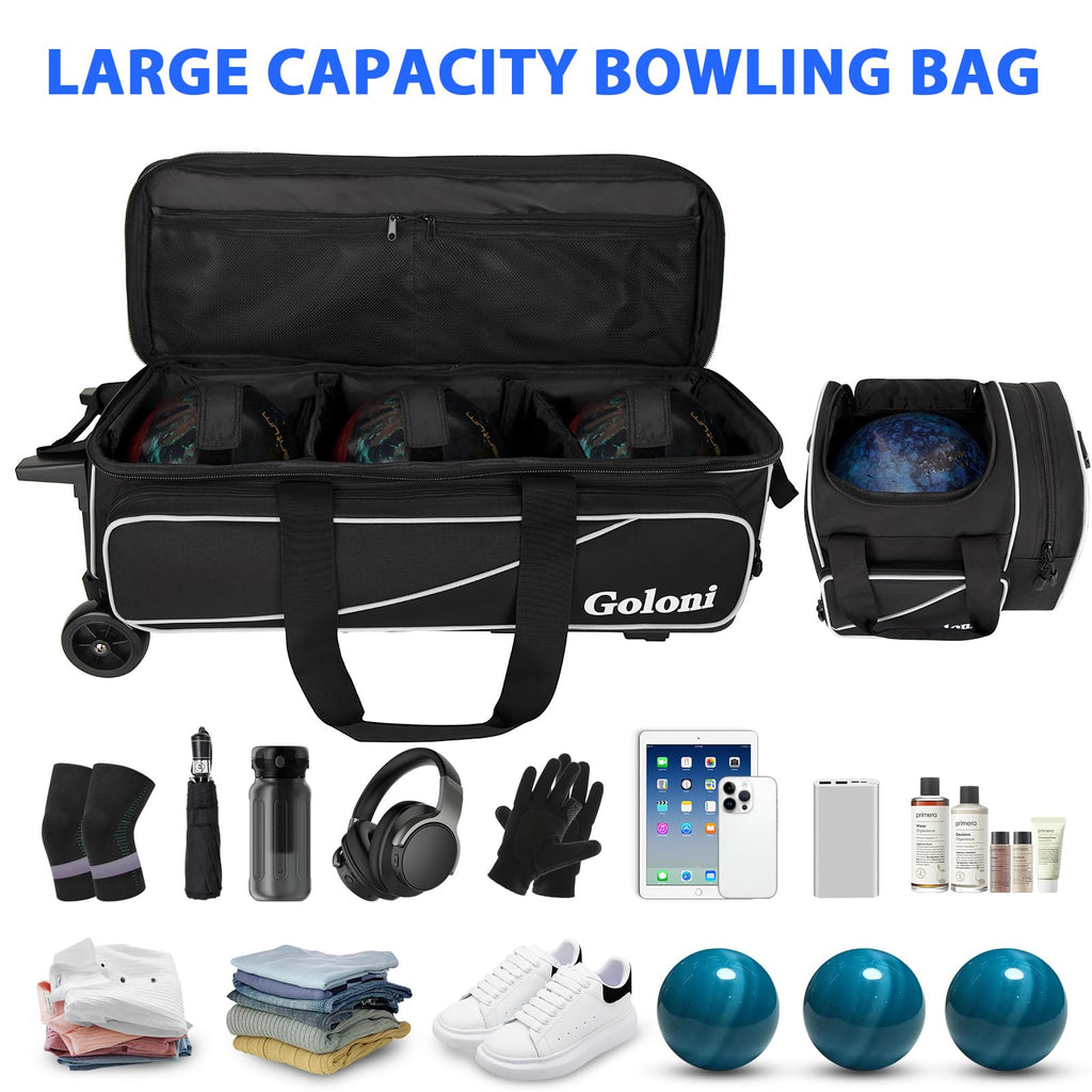 Goloni 3 Ball Bowling Bag with Wheels, Rolling Bowling Roller Bag with Retractable Handle for Balls & Bowling Accessories