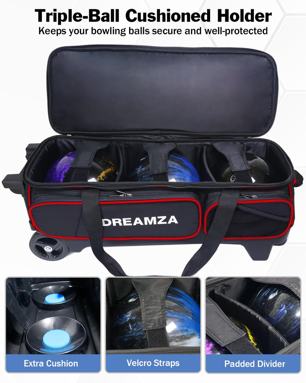 Premium 3 Ball Roller Bowling Bag with Wheels, Large Shoes Pocket