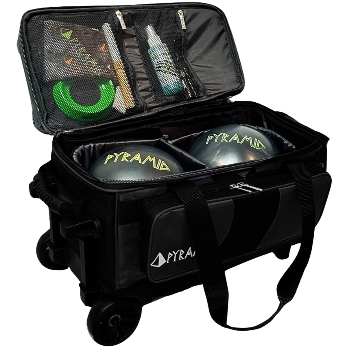 Pyramid Deluxe Double Roller 2 Ball Bowling Bag with Large Separate Shoe Compartment (Up To 2 Pairs Of Shoes) and Accessory Pockets, Sturdy Square Handle - Extends to 40" - Pro Options Available