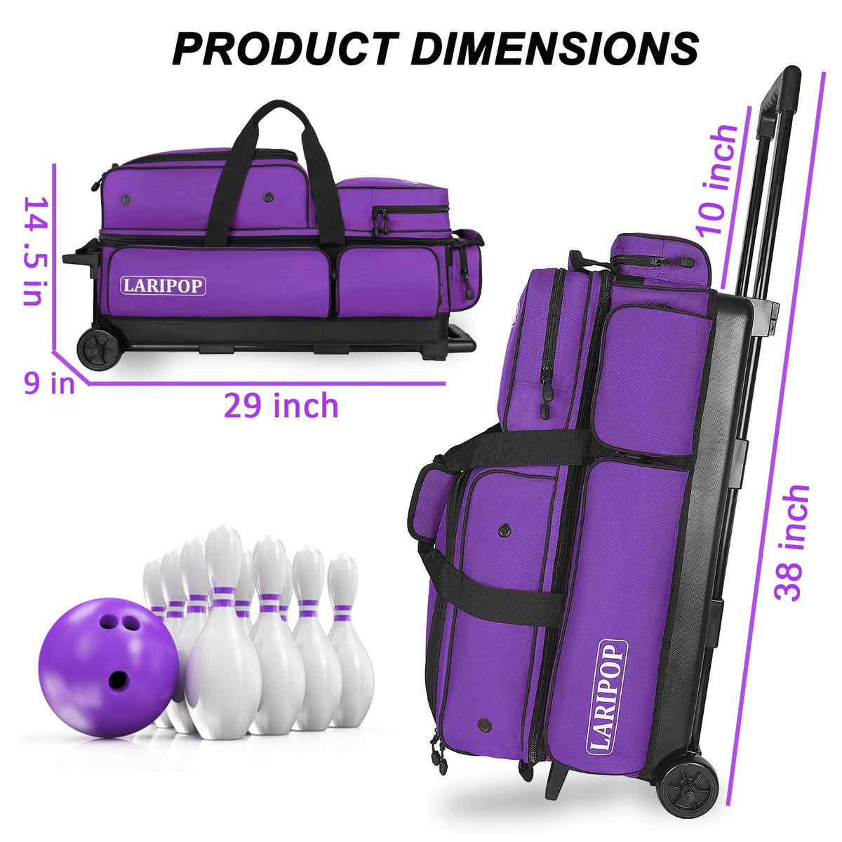 LARIPOP 3 Ball Bowling Bag with Wheels and Shoe Compartment, Rolling Bowling Bag for 3 Balls, Heavy Duty Bowling Roller Bag with Retractable Handle for Men Women