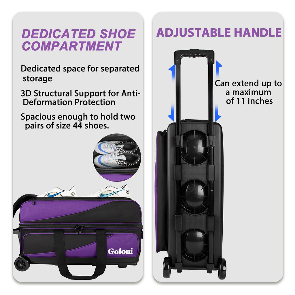Goloni 3 Ball Bowling Bag with Wheels, Rolling Bowling Roller Bag with Retractable Handle for Balls & Bowling Accessories