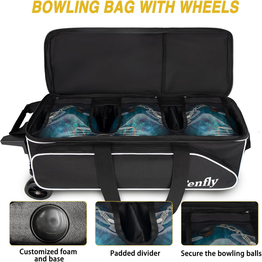 Triple Roller Bowling Bag with Wheels, Heavy Duty 3 Ball Bag for League & Recreational Bowlers
