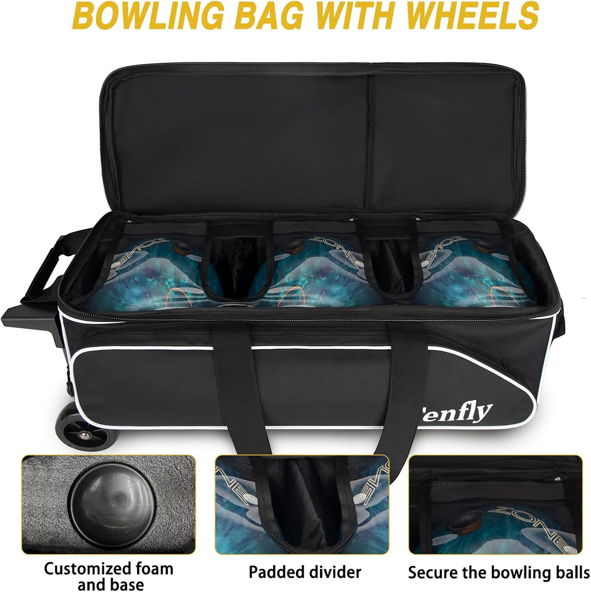 Triple Roller Bowling Bag with Wheels, Heavy Duty 3 Ball Bag for League & Recreational Bowlers