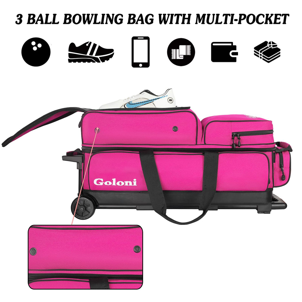 Goloni 3 Ball Bowling Bags with Wheels,Rolling Bowling Ball Bag for 3 Bowling Balls & Bowling Accessories -Retractable Handle Extends to 38"