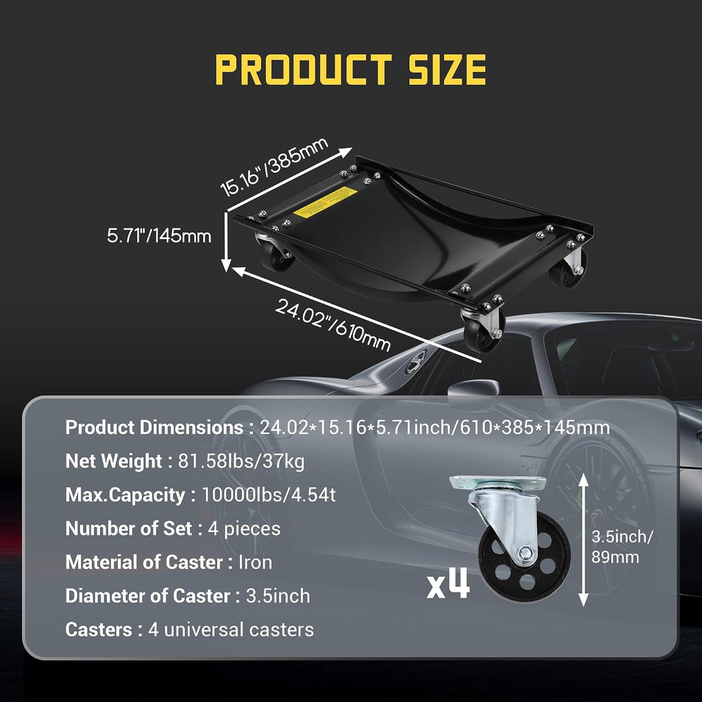 Heavy Duty Car Wheel Dolly Set â 4-Pack, 2500lbs Each (10,000lbs Total) â 24x15in Steel Curved Skates, Side Rails, Lockable Swivel Casters â for Cars, SUVs, Trucks, Motorcycles