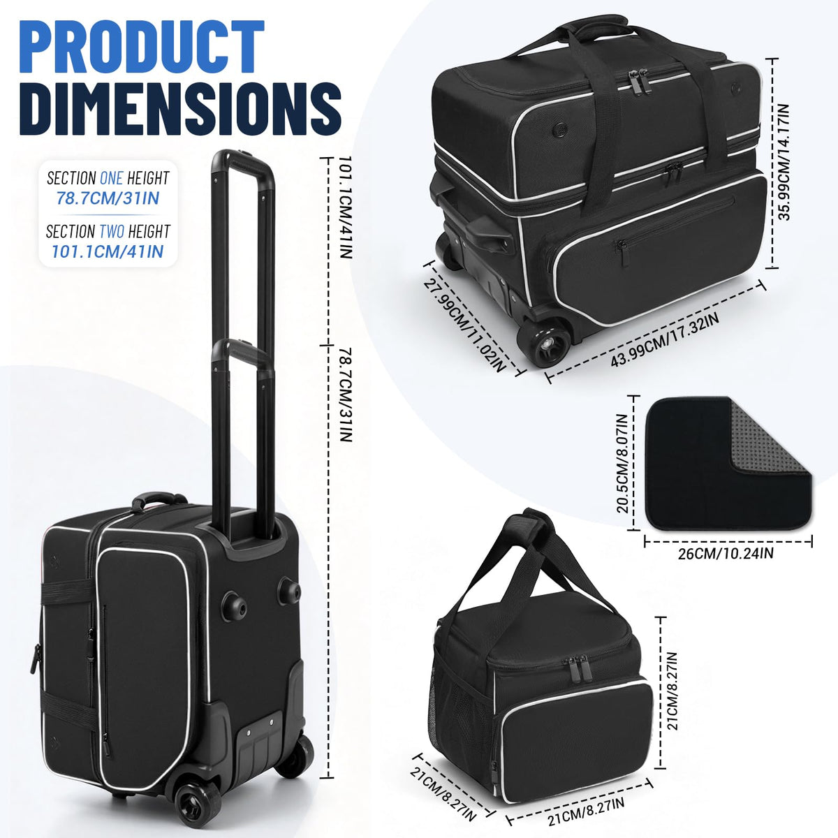 3 Ball Bowling Bag with Wheels,Bowling Bag 2 Ball Roller +1 Ball Tote,Large Sturdy Wheels,Dry & Wet Separation Shoe Compartment,1680D Waterproof Oxford,Retractable Handle,Includes Bowling Ball Towel