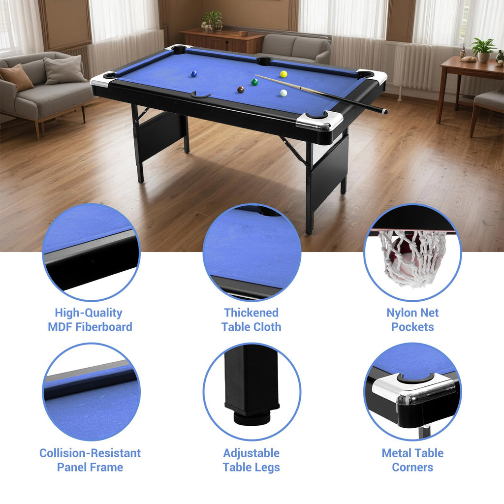 7 Foot Pool Table for Family, Foldable No Assembly Pool Table with Balls, Cues, Chalk, Rack & Brush, Portable Billiards Game Table for Apartment, Basement, Office & Game Room