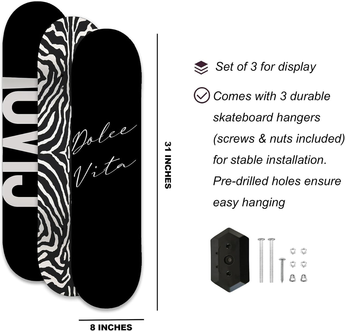 TwoDays Skateboard Wall Decor Set, Dolce Vita Ciao, 3 Decks