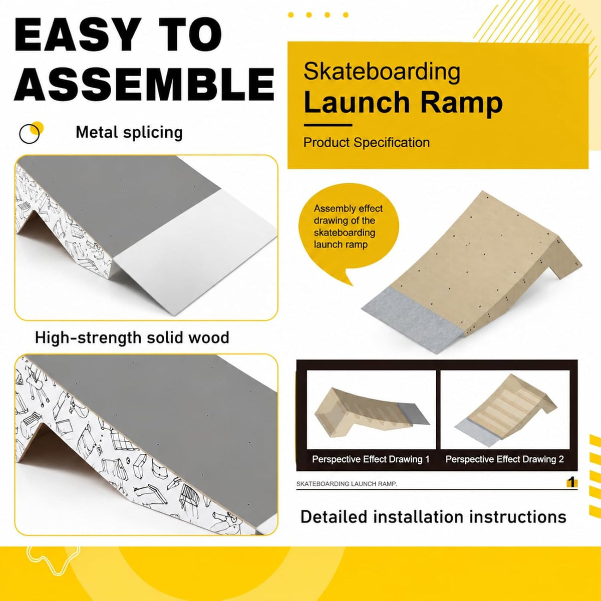 AceOrbit Quarter Pipe Skate Ramp, Beginners Wood Skateboard Bike Ramp for Home Professional Use, Gifts for Skateboarders, Works with BMX, Scooters & Inline Skates