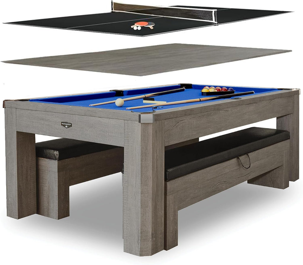 Hathaway Newport 7 Ft Pool Table Combo, 3-in-1 Game Table with Benches