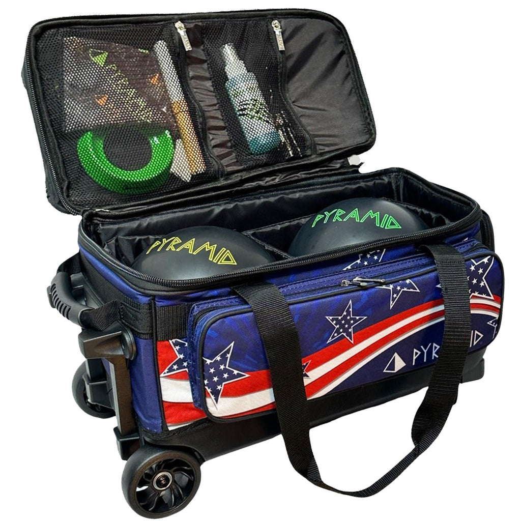 Pyramid Deluxe Double Roller 2 Ball Bowling Bag with Large Separate Shoe Compartment (Up To 2 Pairs Of Shoes) and Accessory Pockets, Sturdy Square Handle - Extends to 40" - Pro Options Available