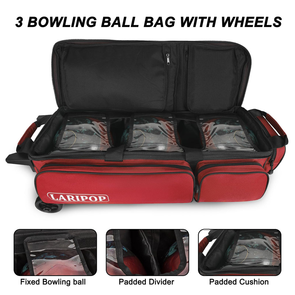 LARIPOP 3 Ball Bowling Bag with Wheels and Shoe Compartment, Rolling Bowling Bag for 3 Balls, Heavy Duty Bowling Roller Bag with Retractable Handle for Men Women